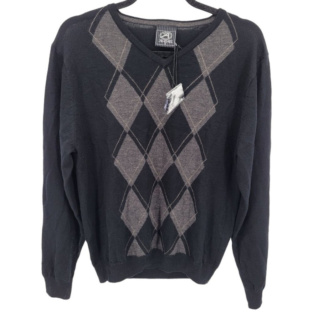 Ahead Mens small black gray argyle sweater knit v neck wool NWT